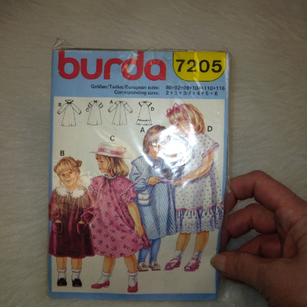 BURDA 7205 Sz 2-6 Charming Girl's Dress w/collar, Sleeve, & trim Variations